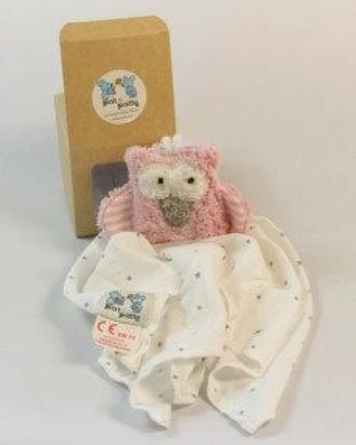 Pat und Patty Personalisertes Schmusetuch/ Schnuffeltuch, Greifling "Eule", Farbe: rosa, 100 % Baumwolle-kbA