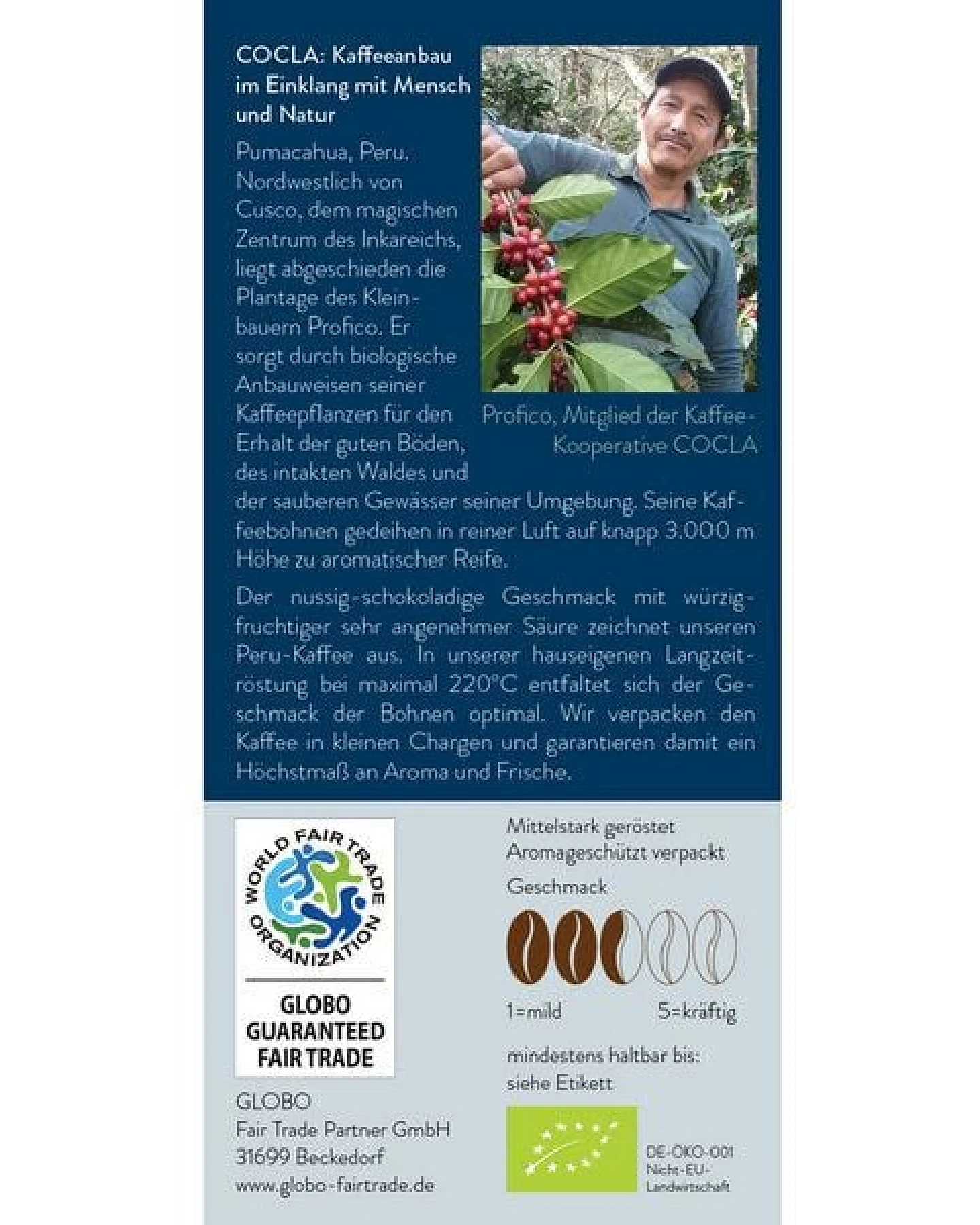 GLOBO Fair Trade Bio-Kaffee COCLA PERU, gemahlen oder ganze Bohne – Ansicht 2