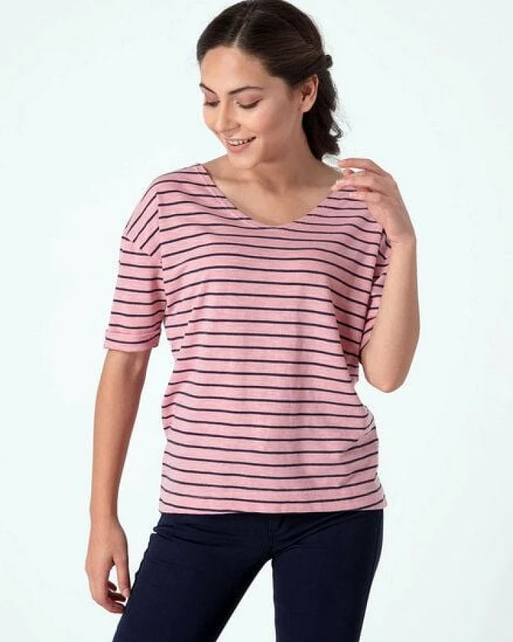 ORGANICATION Gestreiftes T-Shirt mit 1/2 Arm und längerem Rückenteil