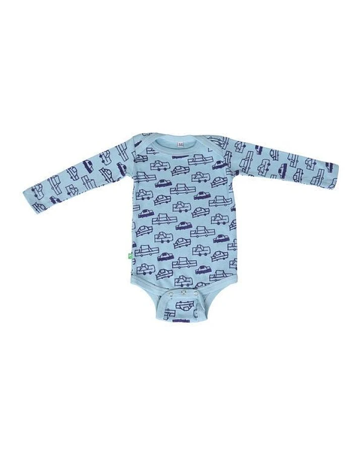 Kipepeo-Clothing Langarmbody Baby Body aus Bio-Baumwolle „Cars“ hellblau