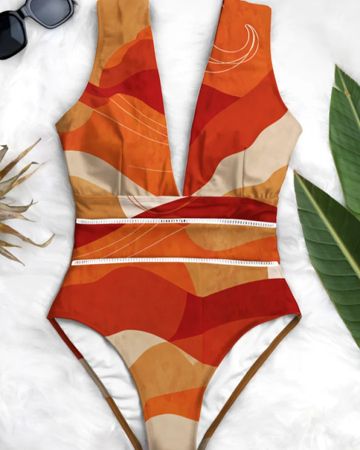 Averie Damen vegan Badeanzug Deep Plunge One Piece Maron Red Moon Print