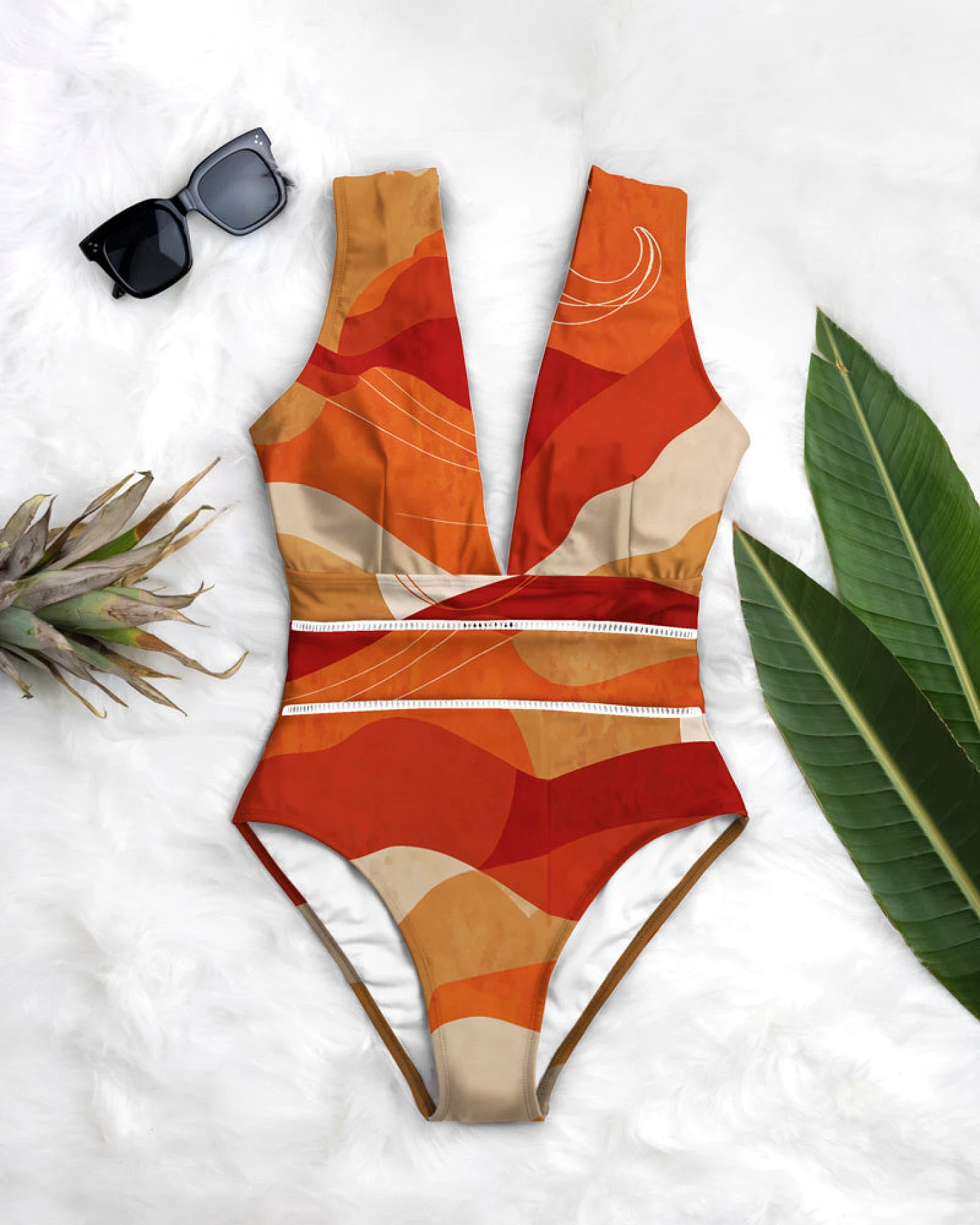 Averie Damen vegan Badeanzug Deep Plunge One Piece Maron Red Moon Print – Ansicht 2