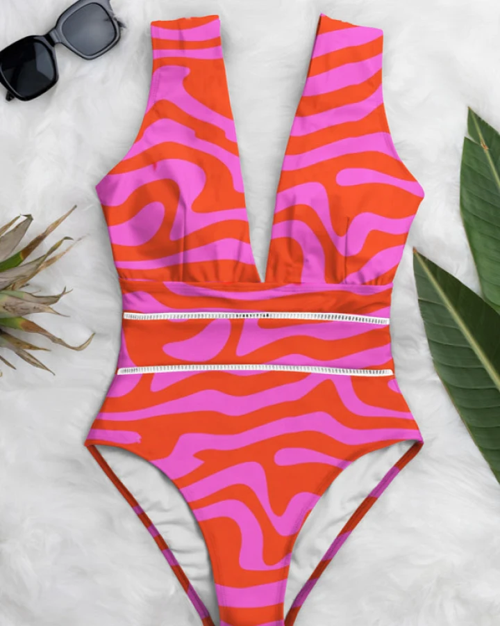Averie Damen vegan Badeanzug Deep Plunge One Piece Ruby Pink Zebra