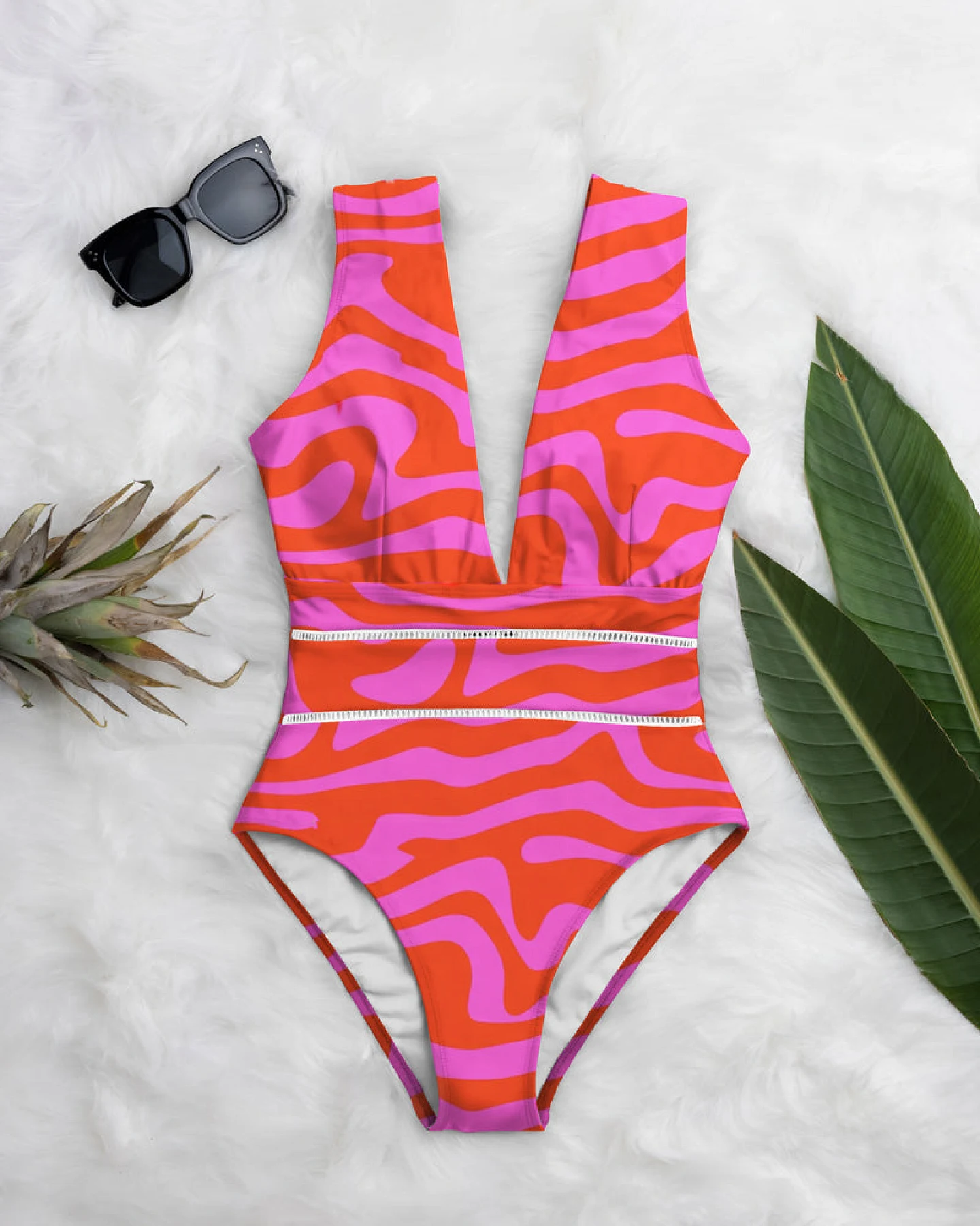 Averie Damen vegan Badeanzug Deep Plunge One Piece Ruby Pink Zebra – Ansicht 2