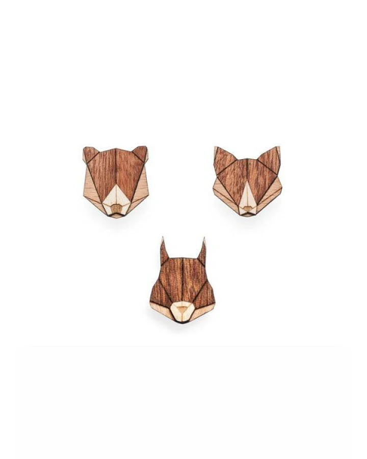 BeWooden Broschen aus Holz Set - "Eichhörnchen, Fuchs + Bär"
