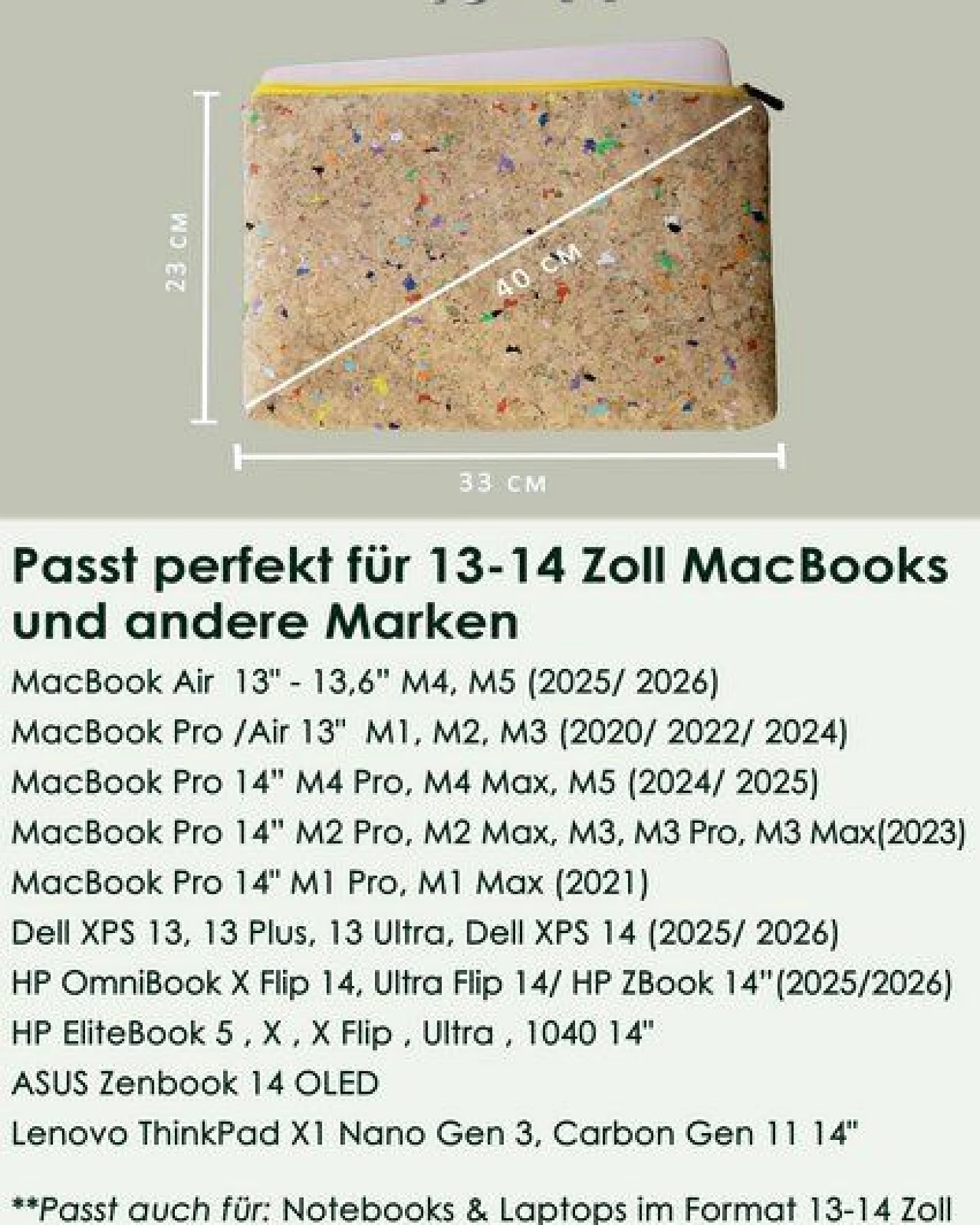 BY COPALA 13–14 Zoll nachhaltige vegane Laptoptasche aus Kork, MacBook Hülle - Farbakzenten mit gelber Zipper – Ansicht 4