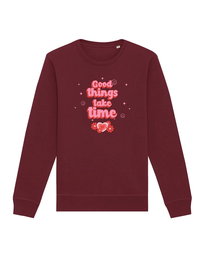Oat Milk Club Damen vegan Sweatshirt Good Things Take Time Unisex Maroon