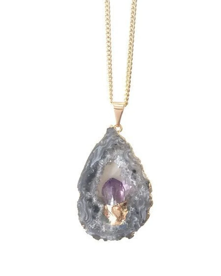 Crystal and Sage Achat und Amethyst Halskette mit einer Achatscheibe und eingefasstem Amethyst