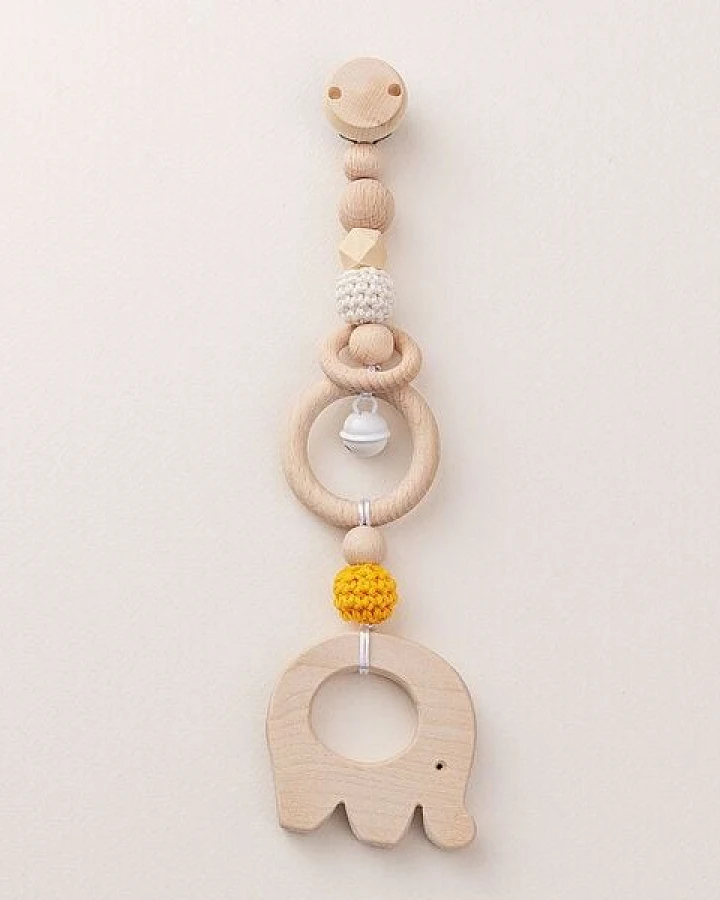 NoniKids Berlin Rasselclip Holz mit *Glocke Elefant* 3 Farben I Bio Baumwollgarn