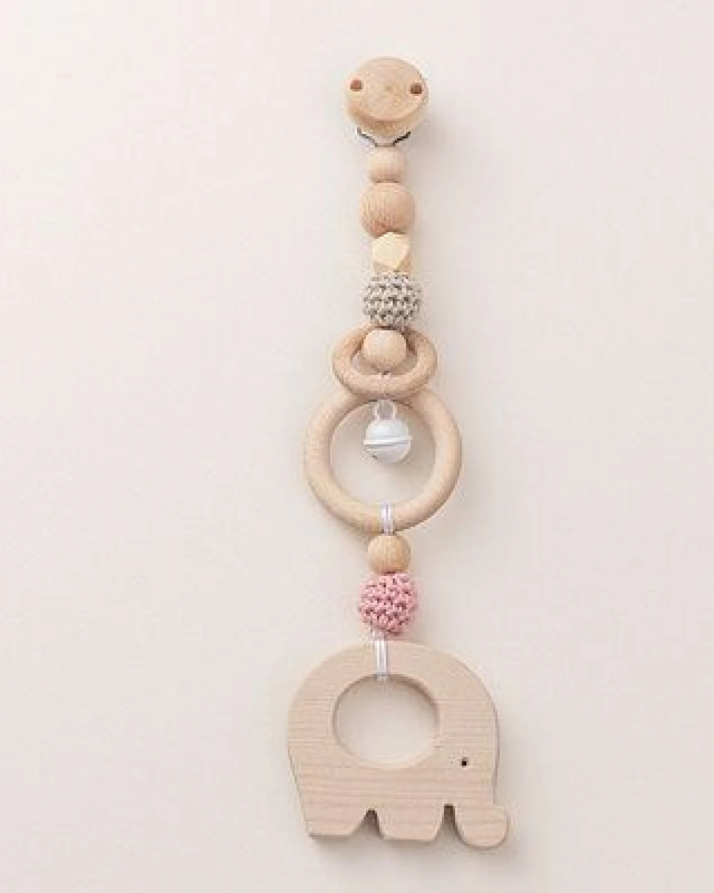 NoniKids Berlin Rasselclip Holz mit *Glocke Elefant* 3 Farben I Bio Baumwollgarn – Ansicht 2