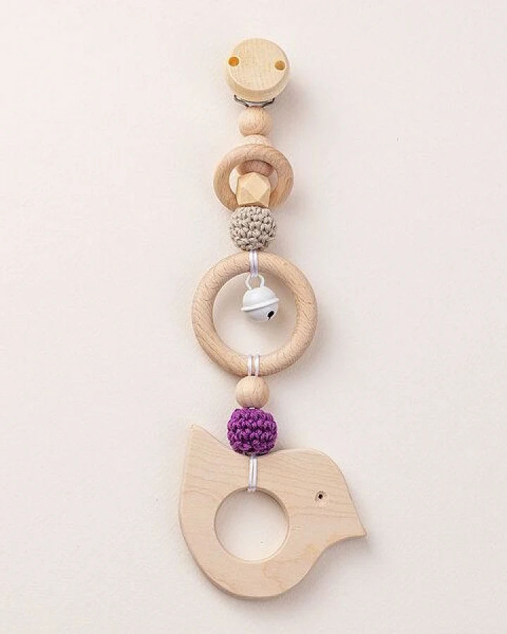 NoniKids Berlin Rasselclip Holz *Glocke Vogel* 3 Farben I Bio Baumwollgarn