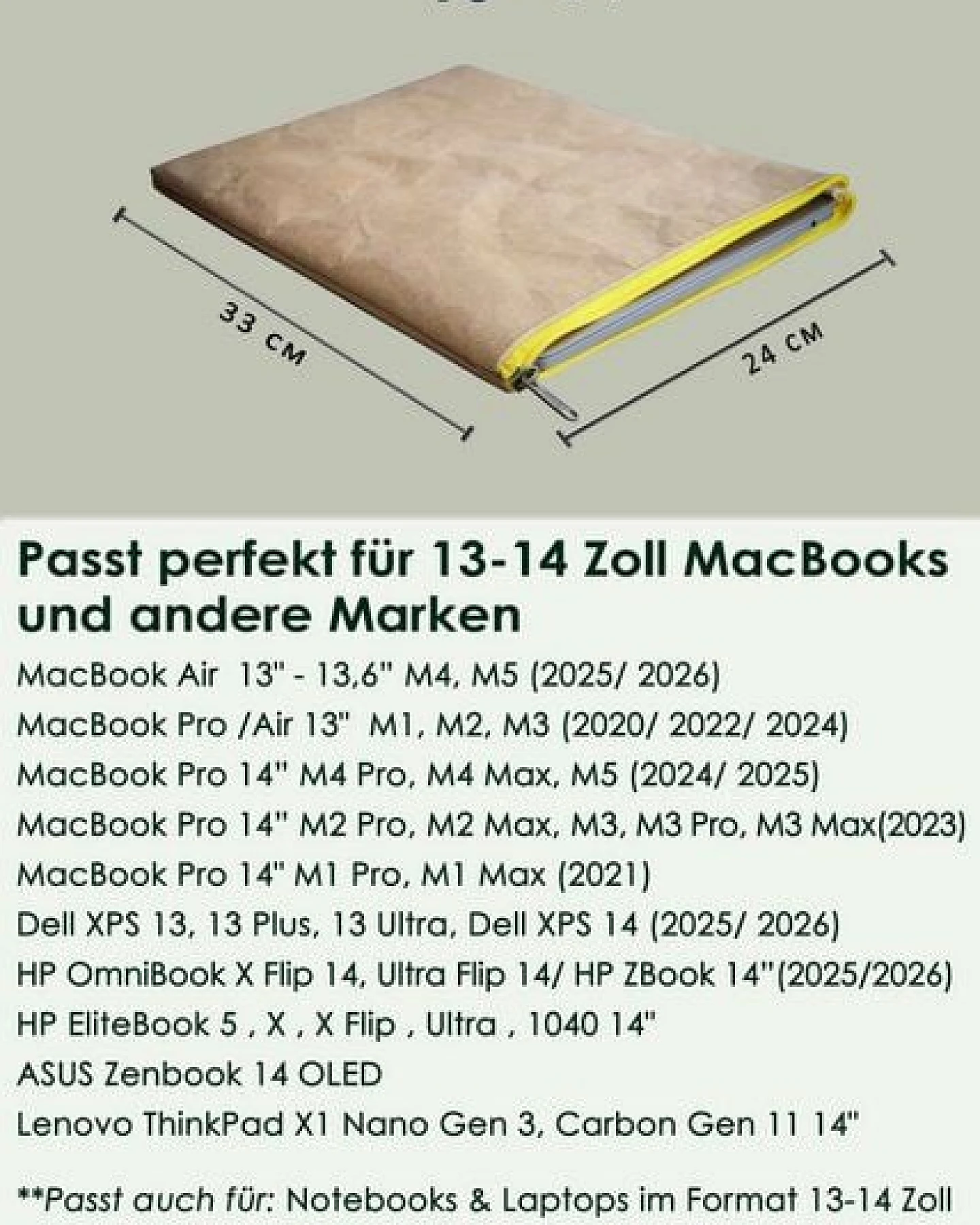 BY COPALA Gefütterte 13–14 Zoll Laptoptasche aus waschbarem Kraftpapier (Vegan-Leder-Optik) mit gelbem Zipper – Nachhaltige wasserabweisende Hülle für MacBook, Dell, HP, Lenovo – Ansicht 2