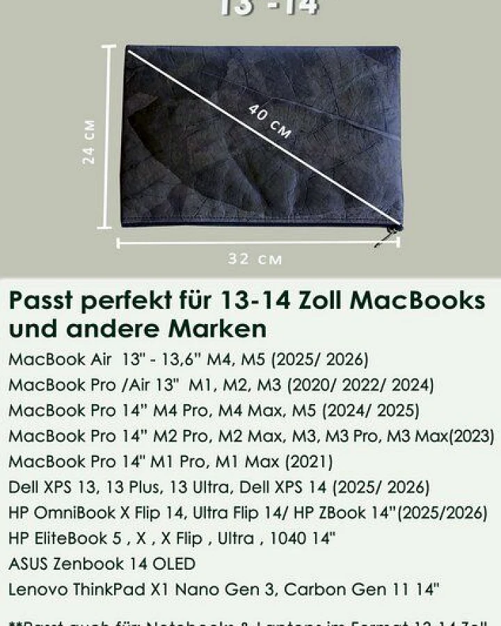 BY COPALA Gefütterte nachhaltige Laptop Hülle 13–14 Zoll aus Blattleder – Handgenähte vegane Laptoptasche, wasserabweisendes Laptop Case, Unikat für MacBook Air & Pro in grau - metallic / dunkelbraun