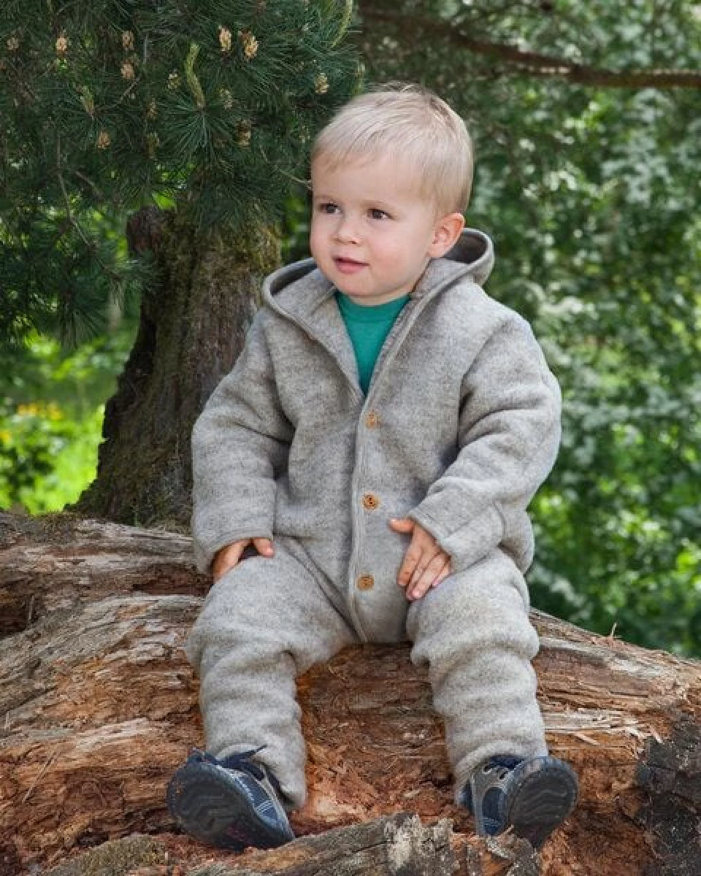 Engel natur Baby Overall mit Kapuze u. Holzknöpfen Schurwolle kbT – Ansicht 3