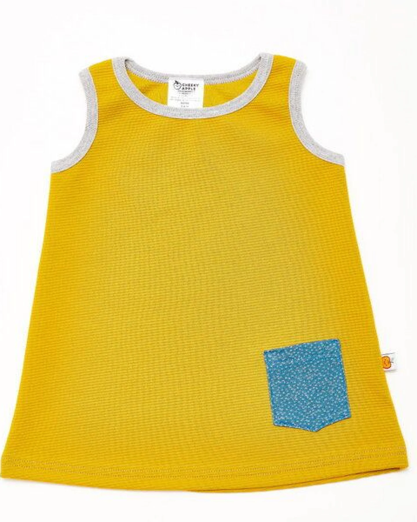 Cheeky Apple Kleidchen mit Tasche "Ripp Senf/Dotties Blau" 100% Bio-Baumwolle – Ansicht 2