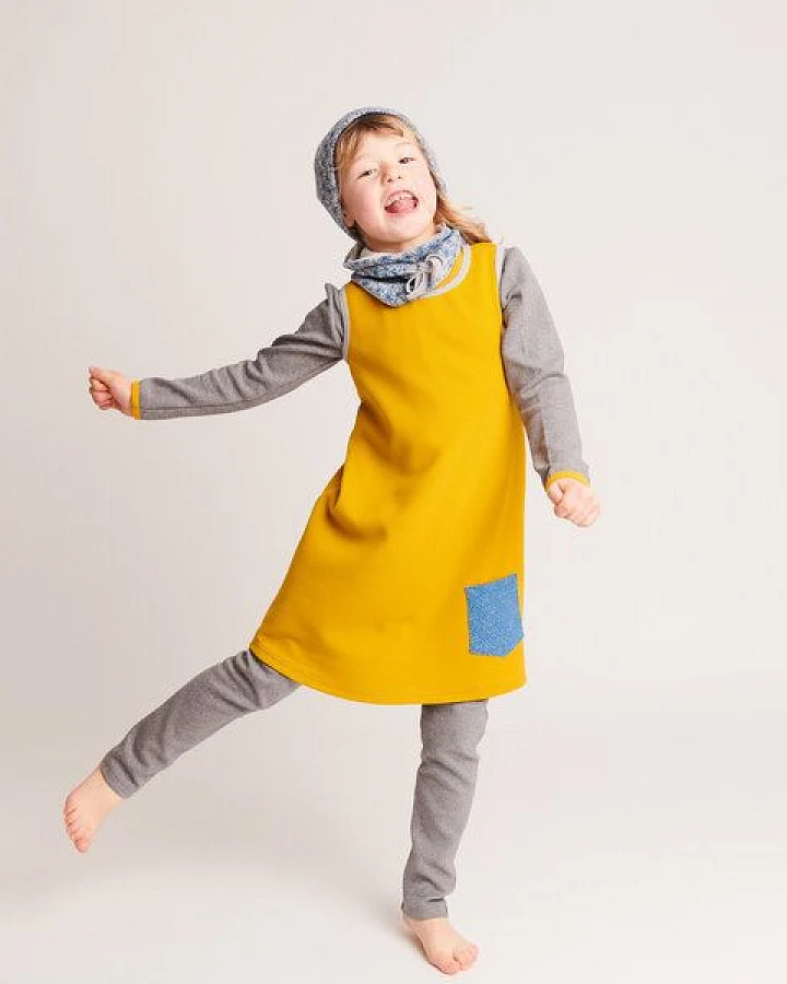 Cheeky Apple Kleidchen mit Tasche "Ripp Senf/Dotties Blau" 100% Bio-Baumwolle