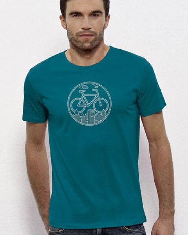 Picopoc Fahrrad / Stadt & Natur, Berge & Bäume T-Shirt in Blau & Weiß