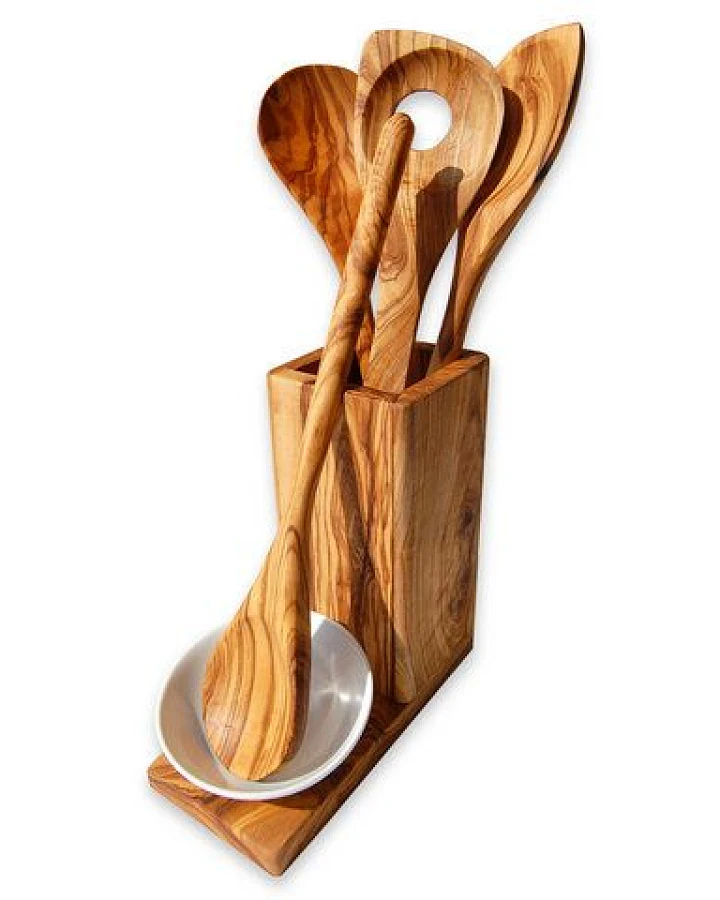 Olivenholz erleben 5-tlg. Set ALL-IN Kochlöffel mit Auffangschälchen & Utensilienbox
