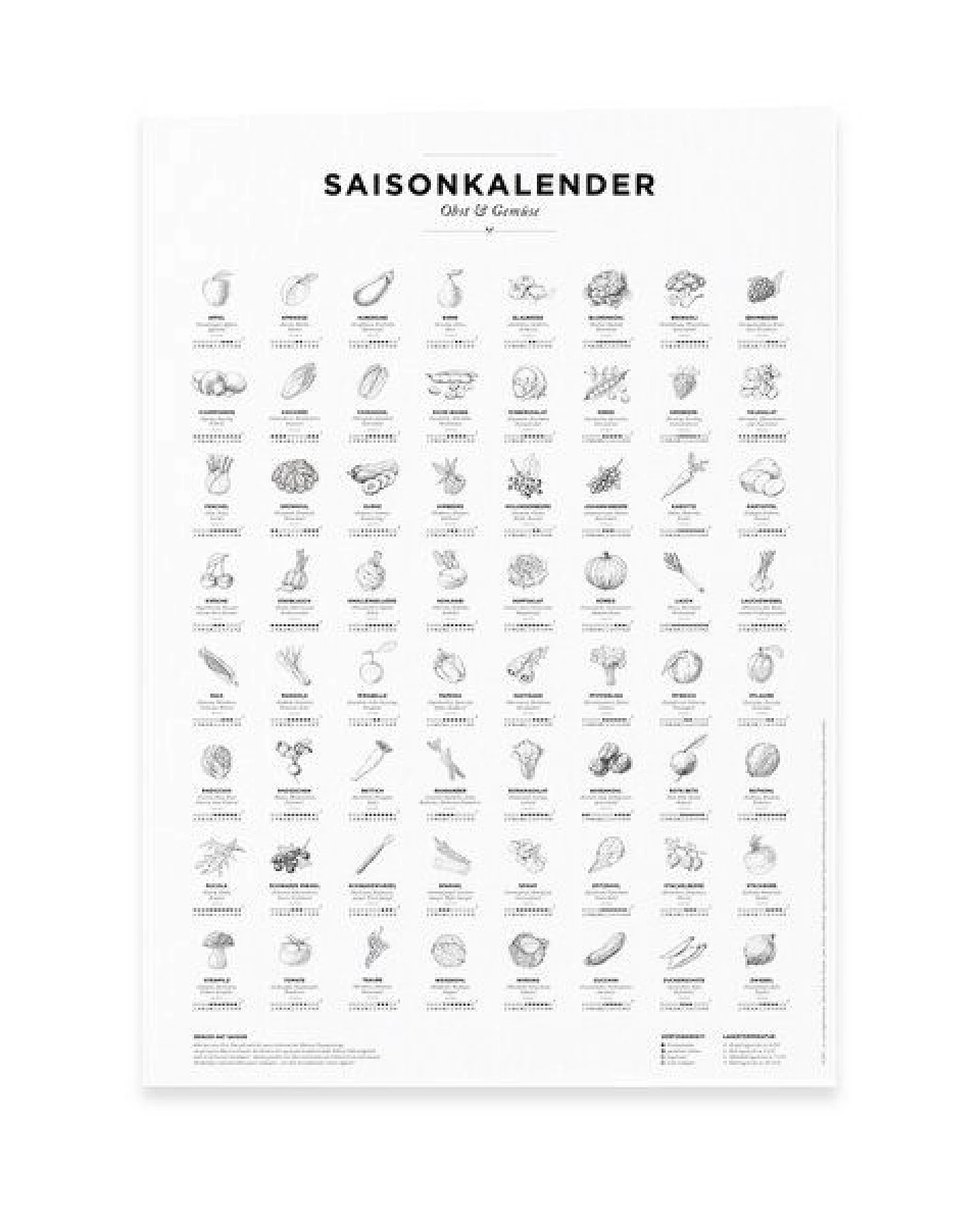 531 Rheinland Design Saisonkalender Obst & Gemüse, Poster/Plakat in SW, Küchendeko – Ansicht 2