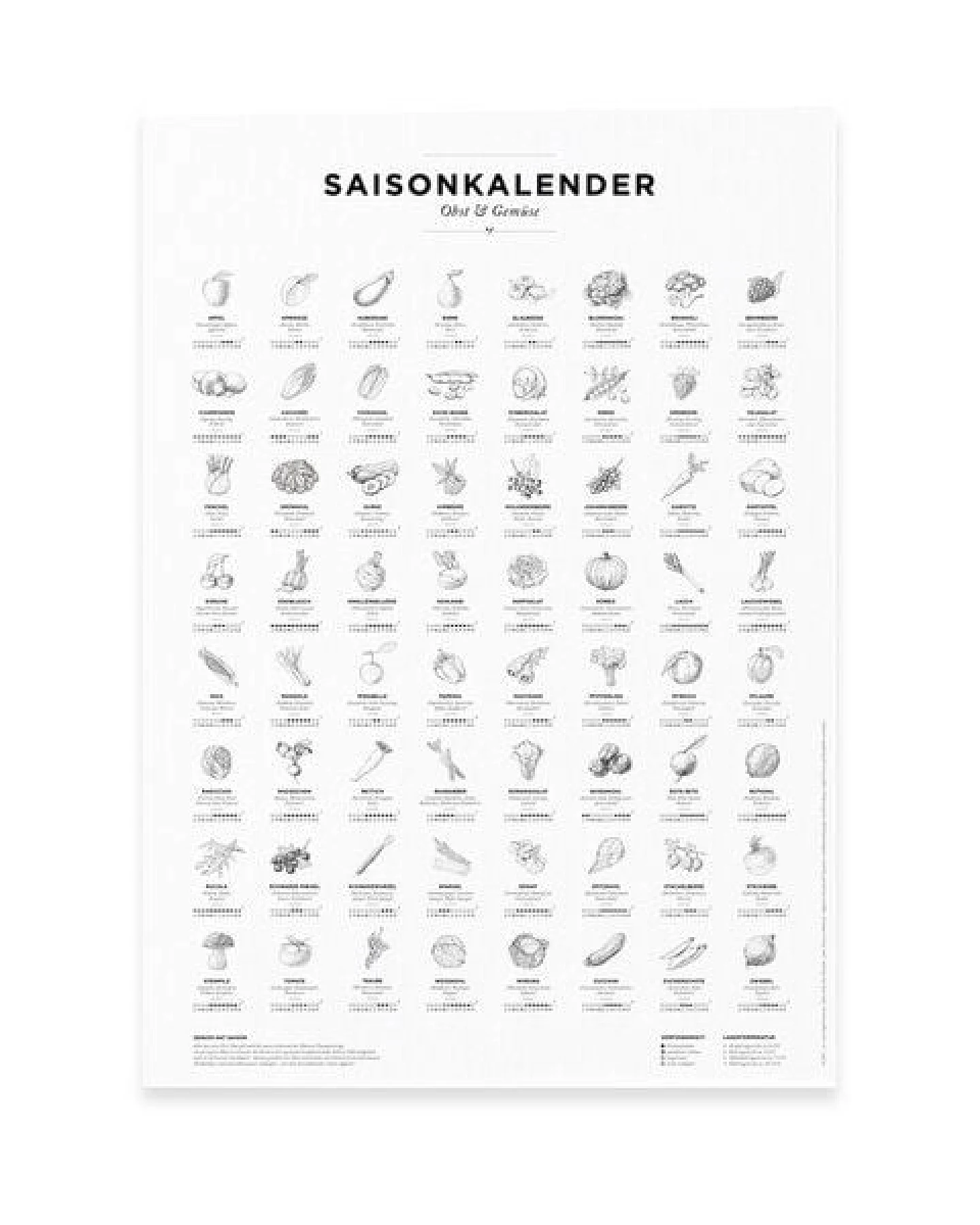 531 Rheinland Design Saisonkalender Obst & Gemüse, Poster/Plakat in SW, Küchendeko – Ansicht 2