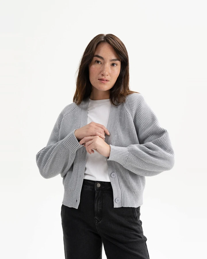 MELA Damen vegan Rippenstrickjacke Bhuma Grau Melange
