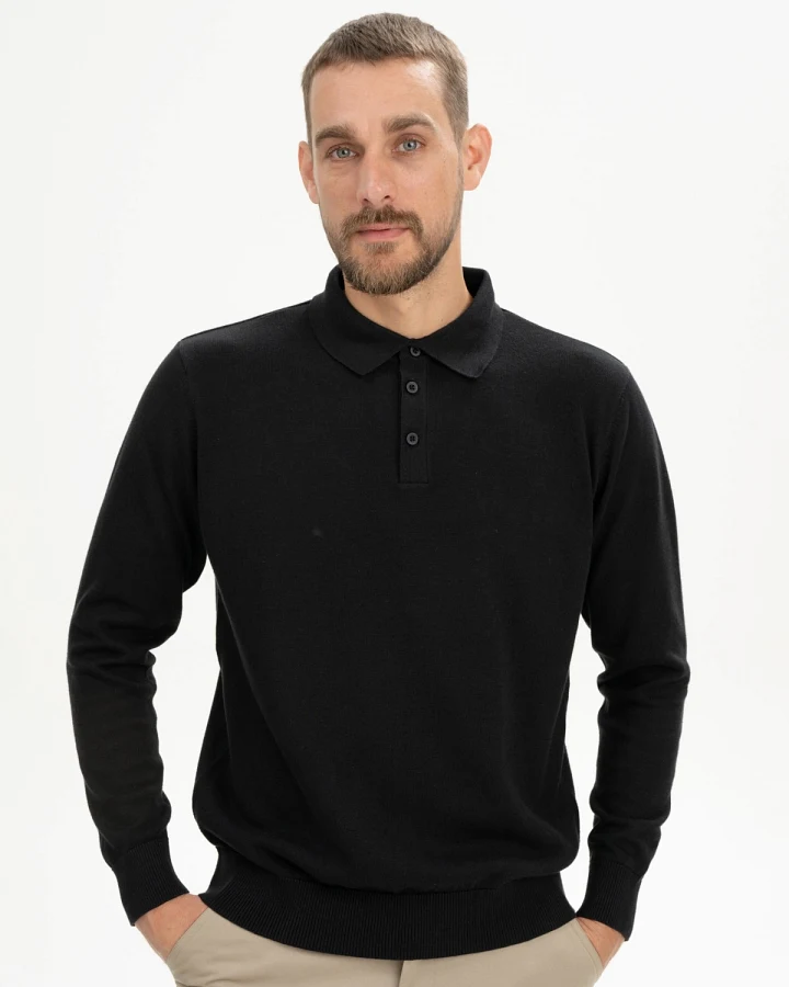 MELA Herren vegan Gestricktes Polohemd Mit Langen Ärmeln Harish Schwarz