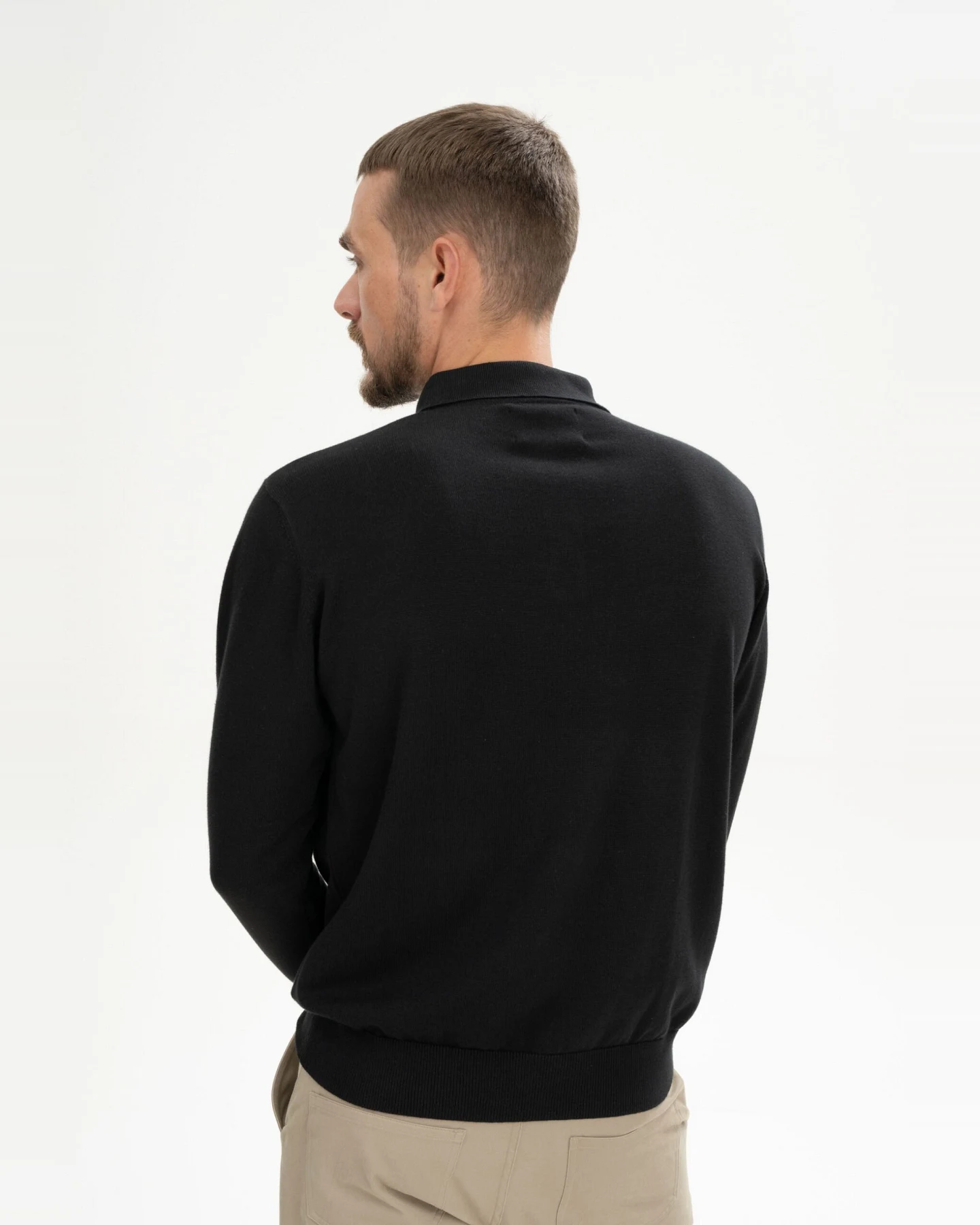 MELA Herren vegan Gestricktes Polohemd Mit Langen Ärmeln Harish Schwarz – Ansicht 2