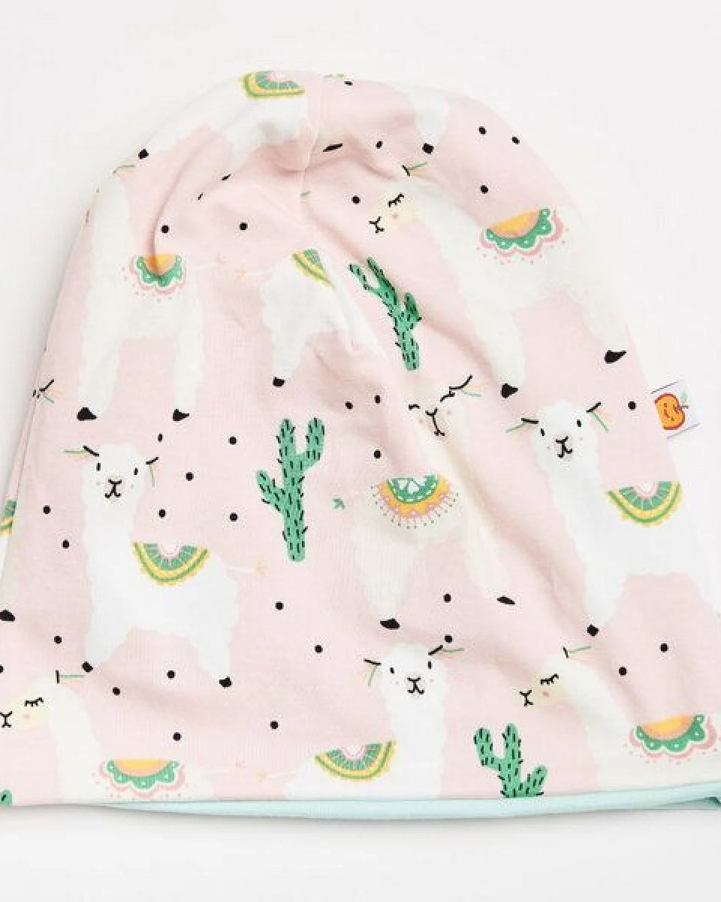 Cheeky Apple Beanie-Haube aus Bio-Baumwolle "Alpakas Rosa/Spearmint" – Ansicht 2