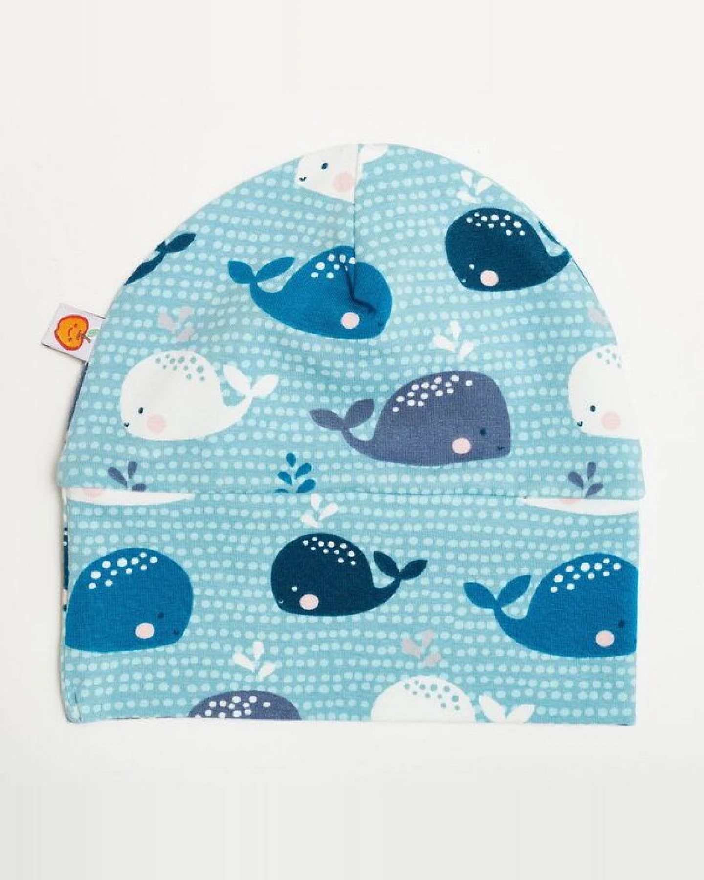 Cheeky Apple Gefütterte Baby-Haube aus Bio-Baumwolle "Wale" Blau/Hellblau/Zartrosa – Ansicht 2