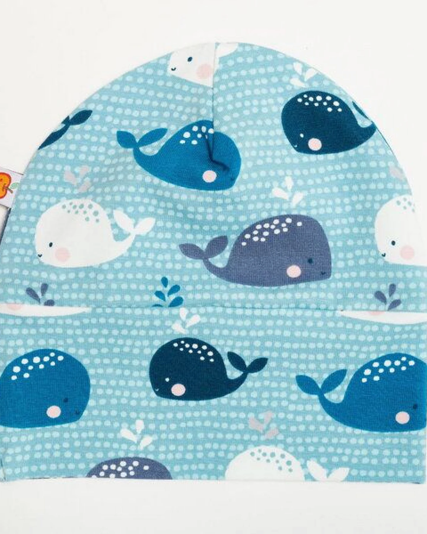 Cheeky Apple Gefütterte Baby-Haube aus Bio-Baumwolle "Wale" Blau/Hellblau/Zartrosa – Ansicht 2