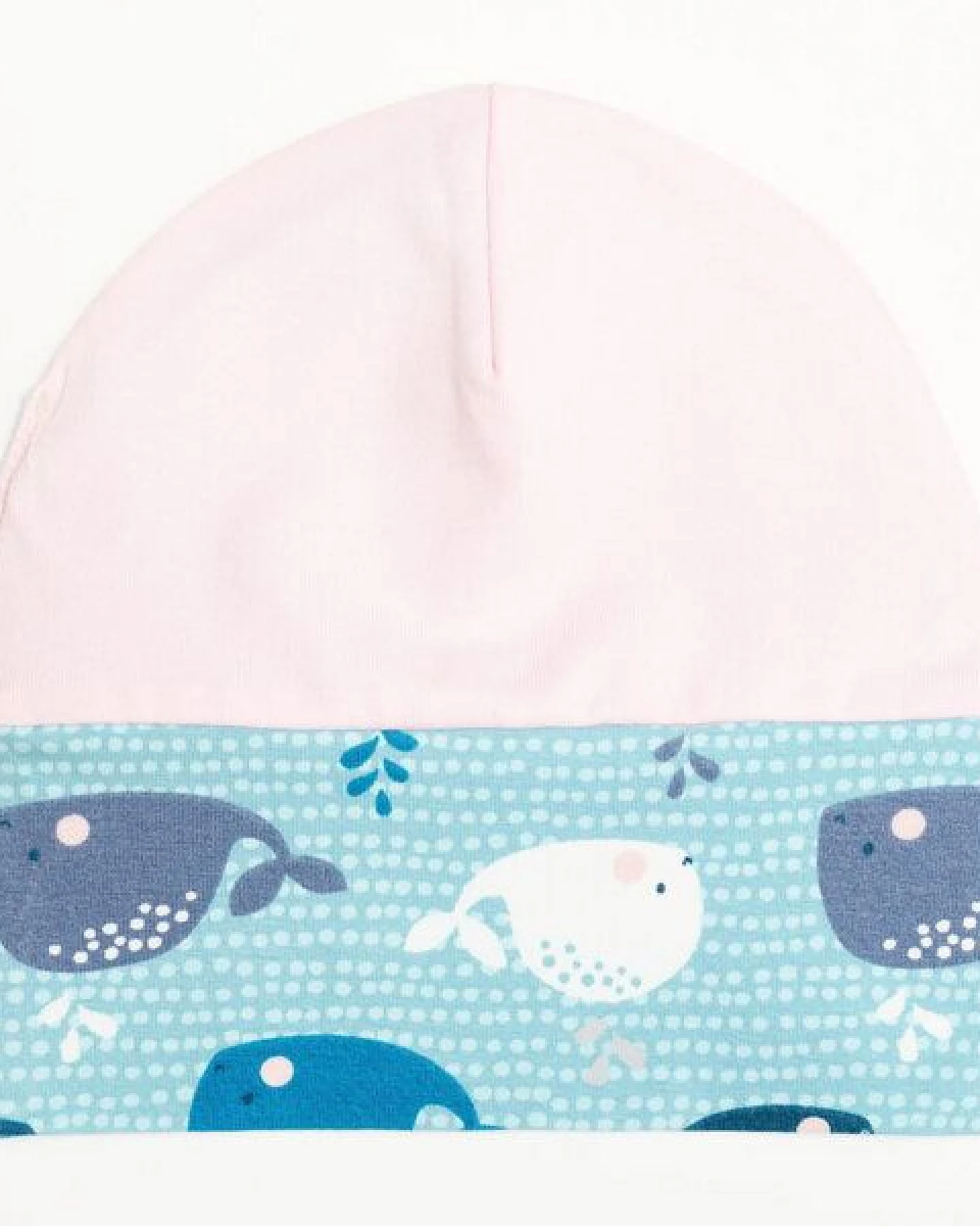 Cheeky Apple Gefütterte Baby-Haube aus Bio-Baumwolle "Wale" Blau/Hellblau/Zartrosa – Ansicht 4