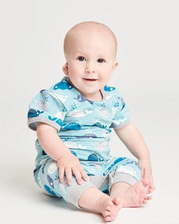 Cheeky Apple Kurzarm-Strampler aus Bio-Baumwolle "Wale" Blau/Grau/Zartrosa