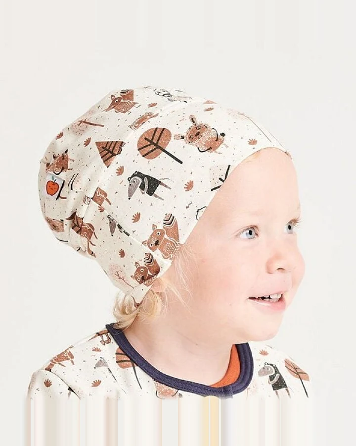 Cheeky Apple Gefütterte Baby-Haube aus Bio-Baumwolle "Paper Gang" Beige-meliert/Navy-Weiß Ringel