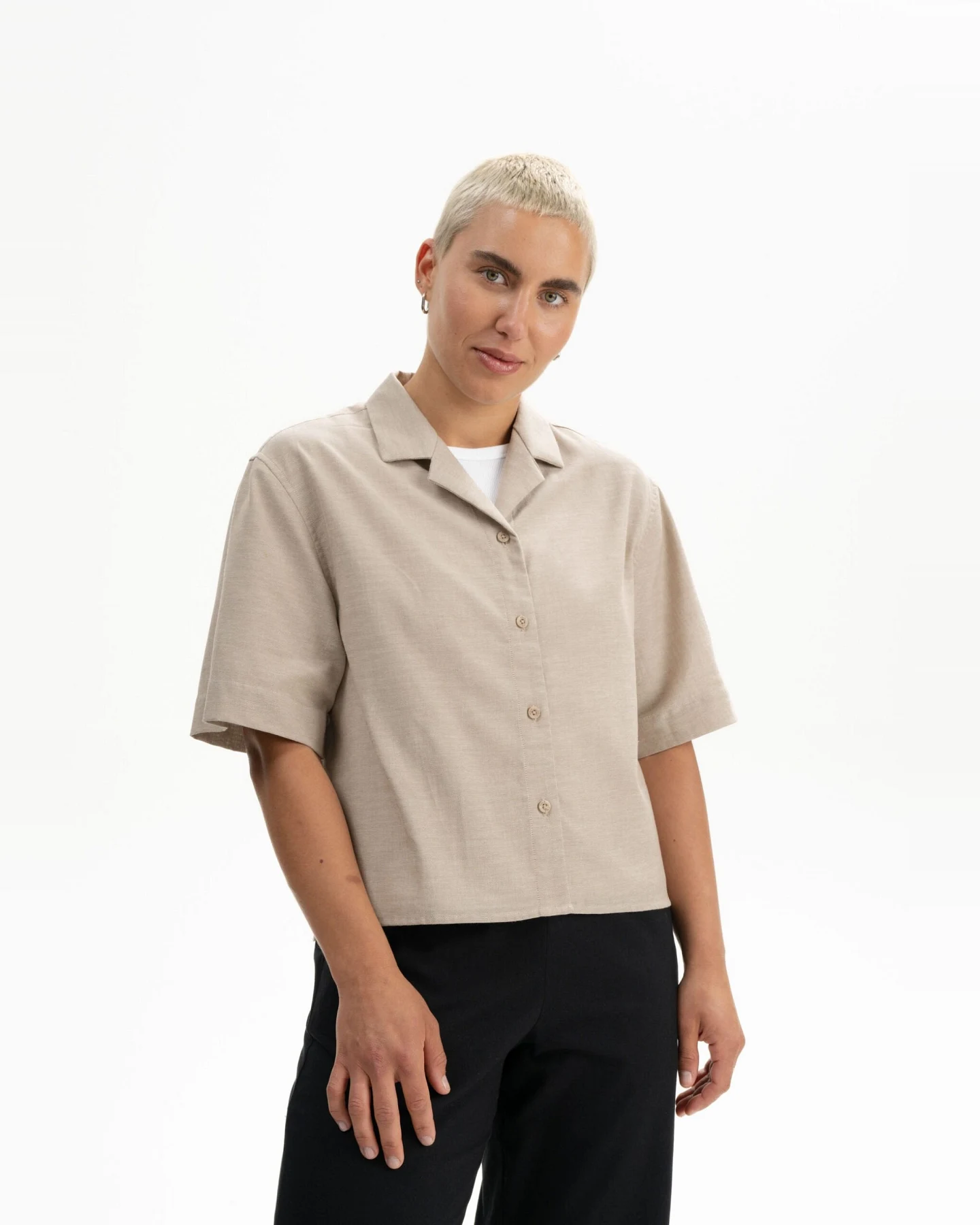 MELA Damen vegan Shirt Kurzarm Tavleen Birch Melange Beige – Ansicht 2