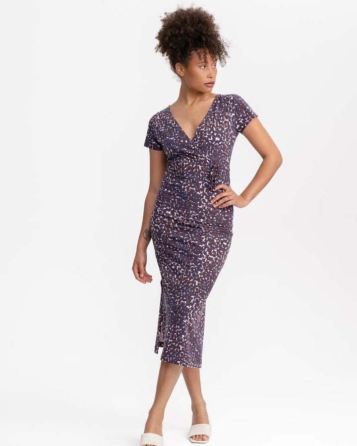 MELA Damen vegan Kleid V-Ausschnitt Shreoshi Chai Blumen Rot/Blau