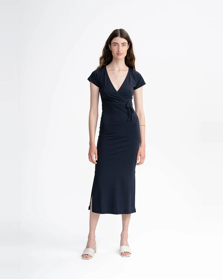 MELA Damen vegan Kleid V-Ausschnitt Shreoshi Marineblau