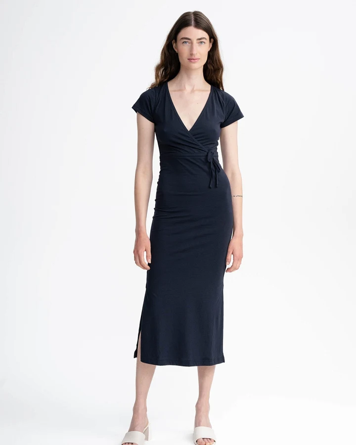 MELA Damen vegan Kleid V-Ausschnitt Shreoshi Marineblau