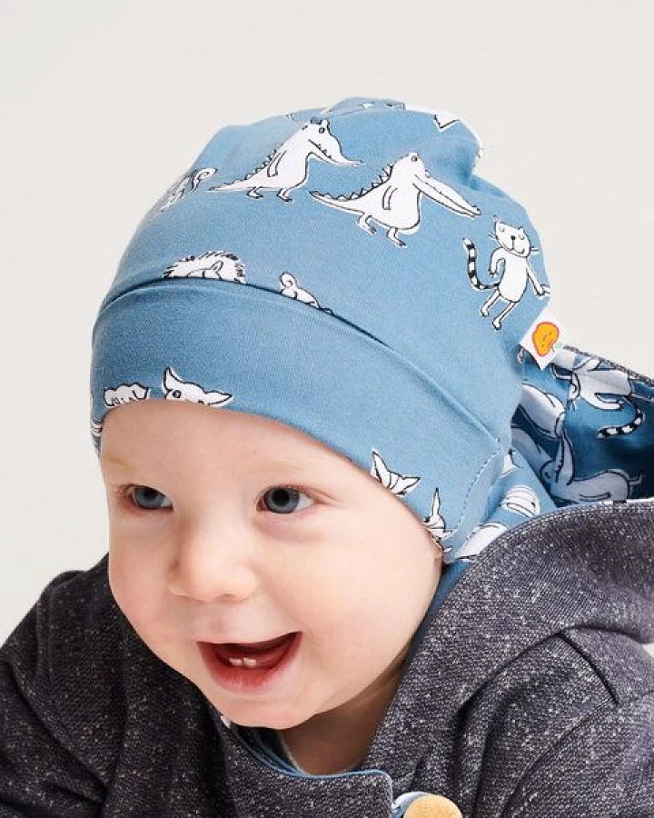 Cheeky Apple Gefütterte Baby-Haube aus Bio-Baumwolle "Zwei & Zwei" Blau/Grau
