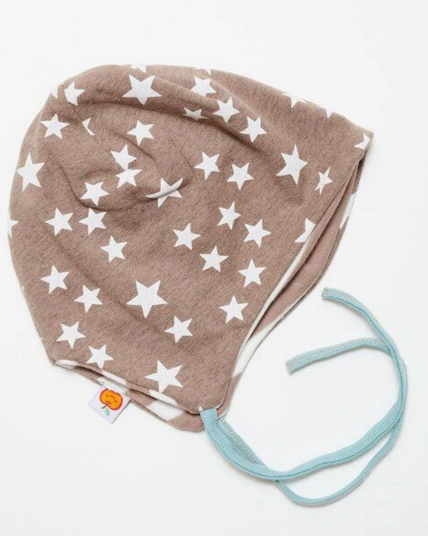 Cheeky Apple Gefütterte Baby-Ohrenhaube aus Bio-Baumwolle "Stars Taupe" Braun/Weiß – Ansicht 2