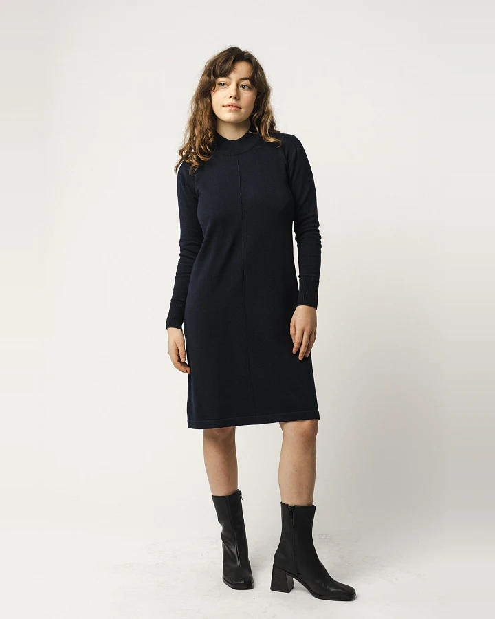 MELA Damen vegan Kleid Basic Feinstrick Harleen Marineblau