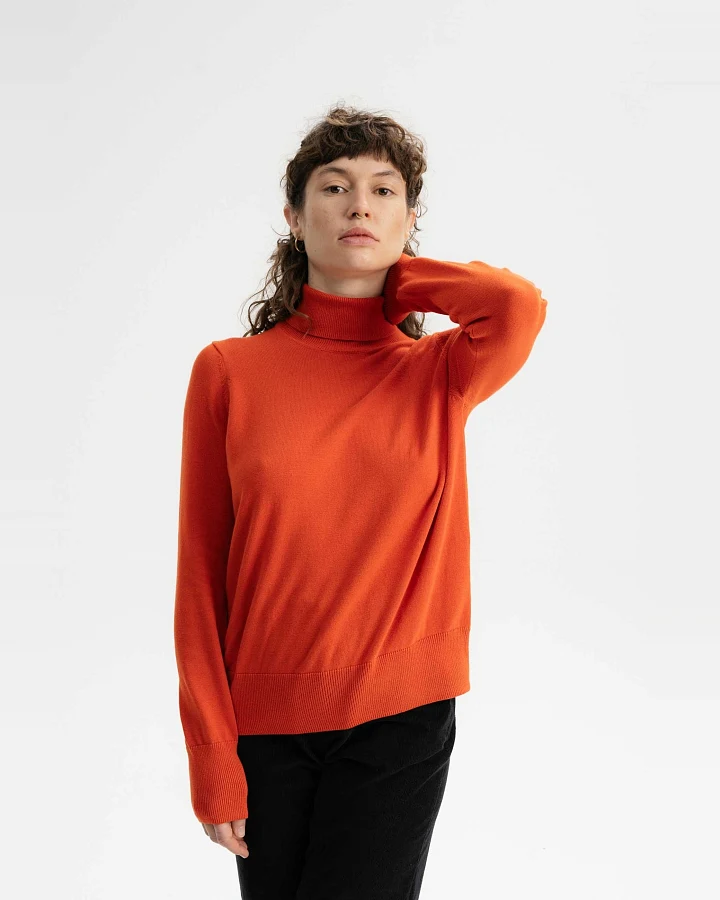 MELA Damen vegan Feinstrickpullover Rollkragen Mayura Orange Ziegel