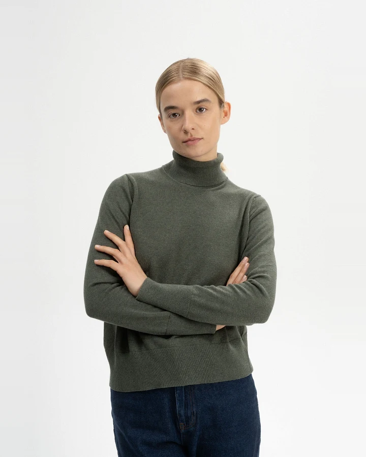 MELA Damen vegan Feinstrickpullover Mit Rollkragen Mayura Grün Melange