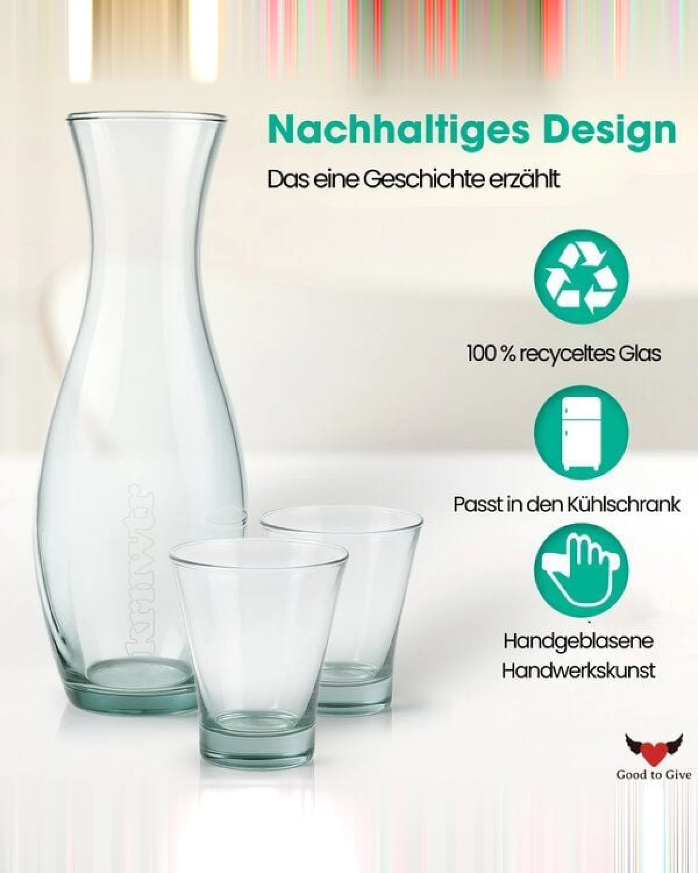 Good To Give Wasserkaraffe aus recyceltem Glas mit 2 Trinkgläsern – handgefertigtes Karaffen-Set – Ansicht 4