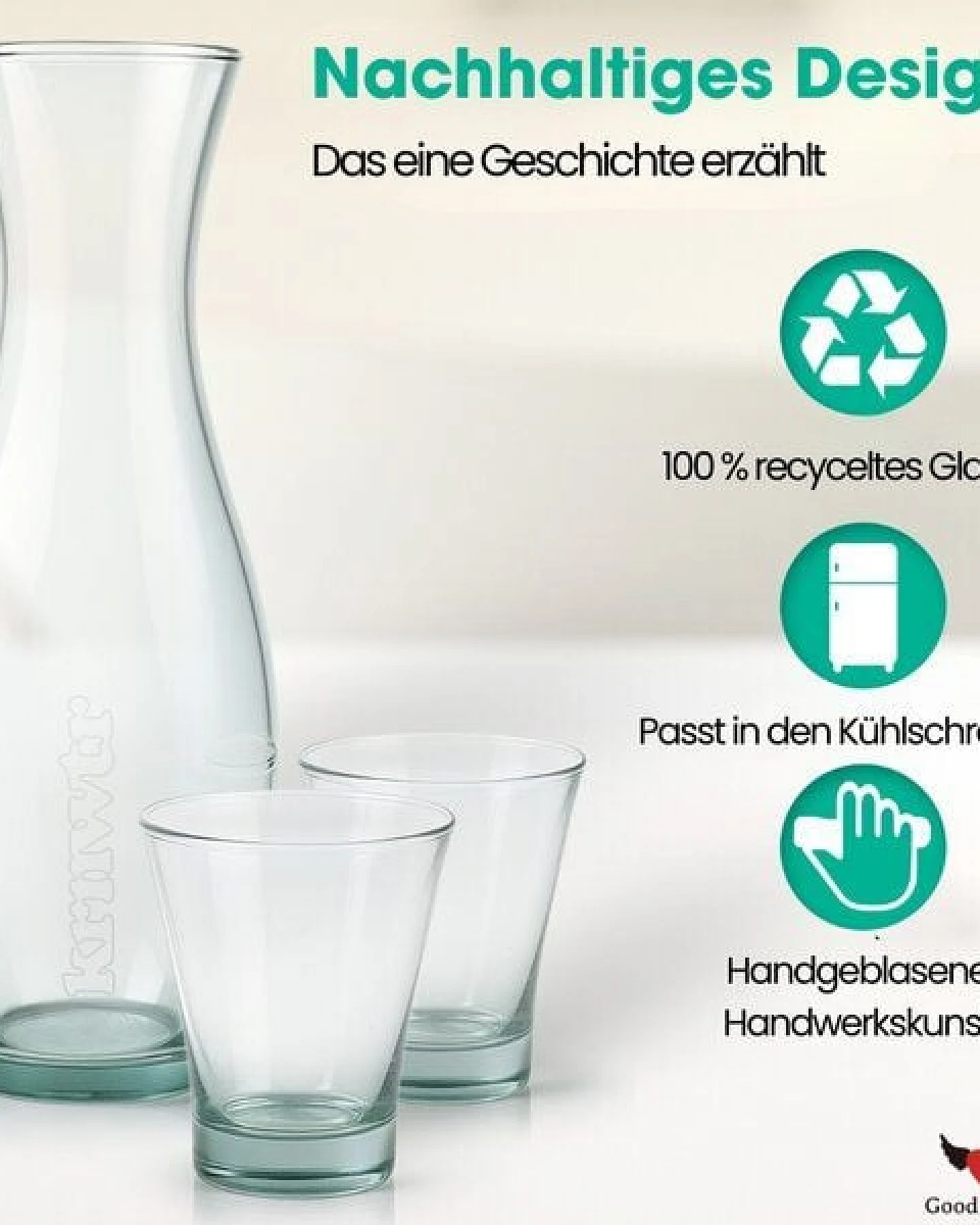 Good To Give Wasserkaraffe aus recyceltem Glas mit 2 Trinkgläsern – handgefertigtes Karaffen-Set – Ansicht 4