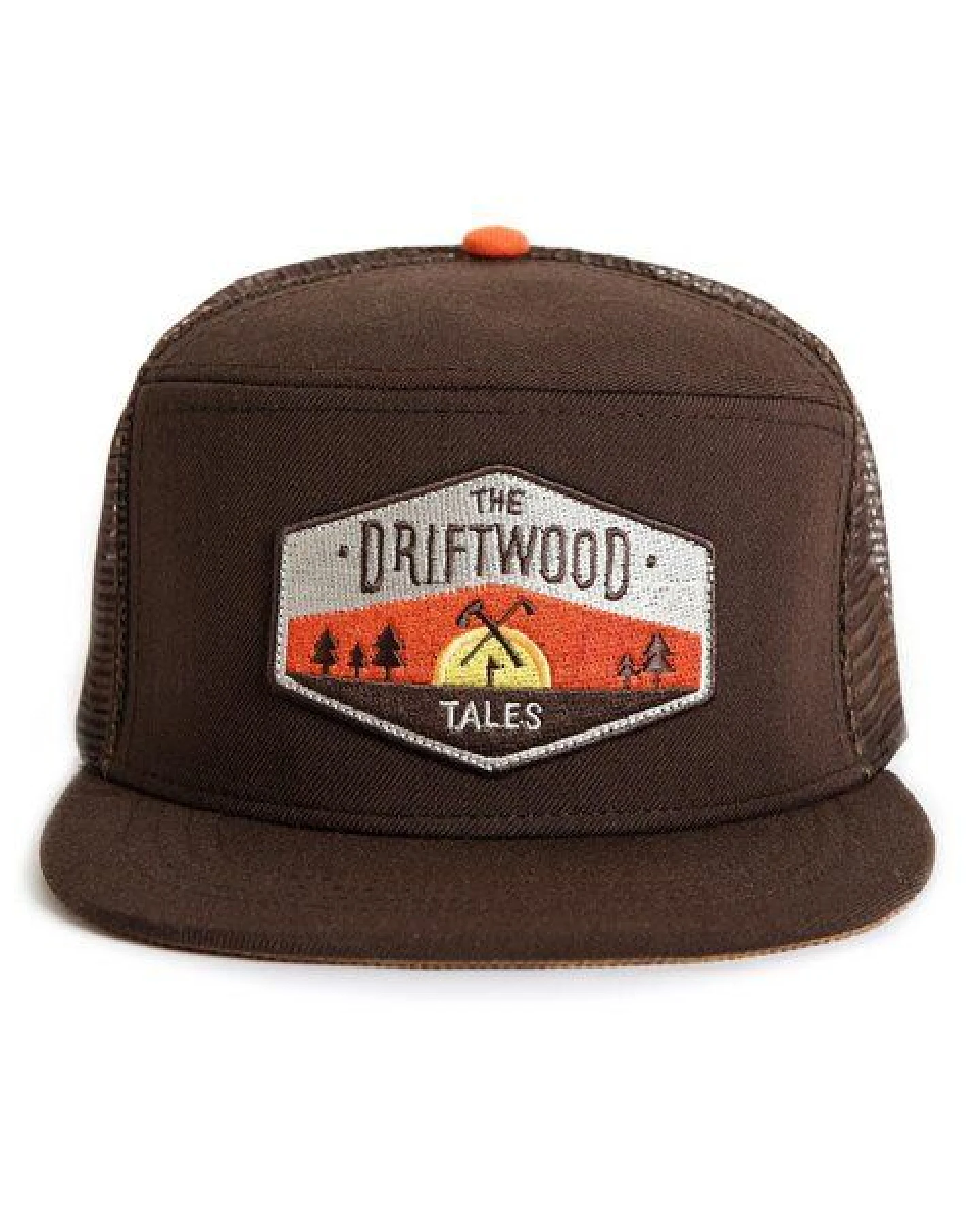 The Driftwood Tales Dunkelbraune Trucker Cap mit orangefarbenem Verstellgurt und Driftwood-Emblem – Ansicht 2