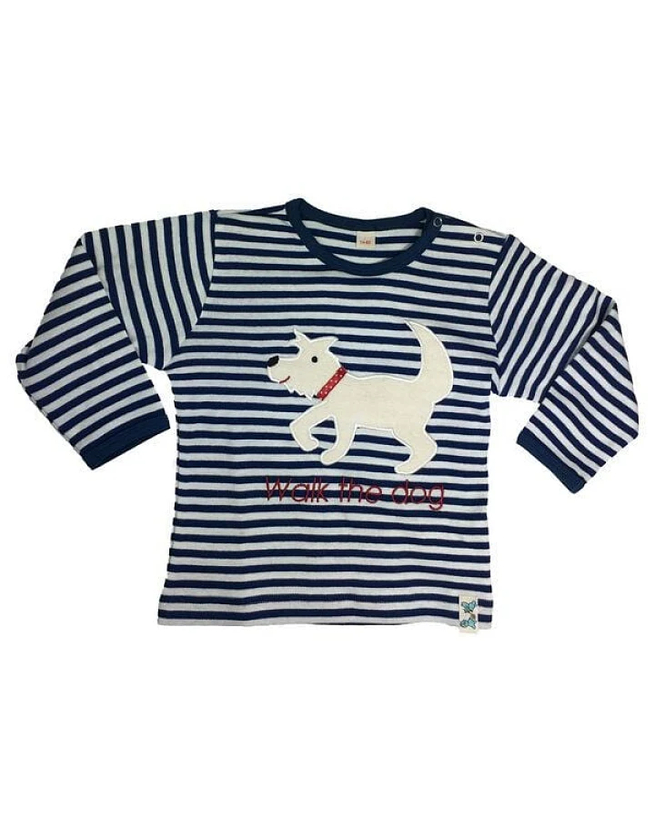Pat und Patty Gestreiftes Kinder Langarmshirt aus Bio-Baumwolle „Hund“ blau/weiss ,HUD-9