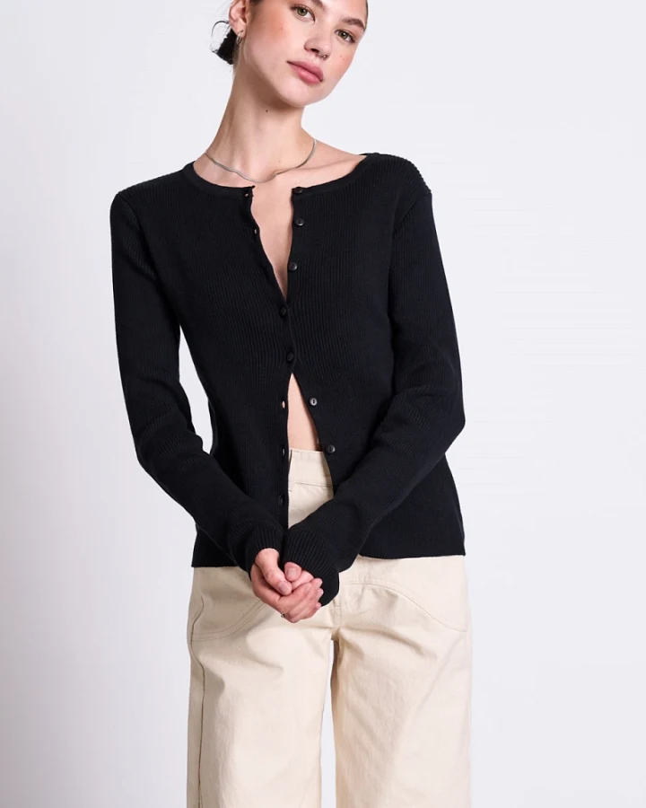 JAN 'N JUNE Damen vegan Strickjacke Crewneck Glimt Schwarz