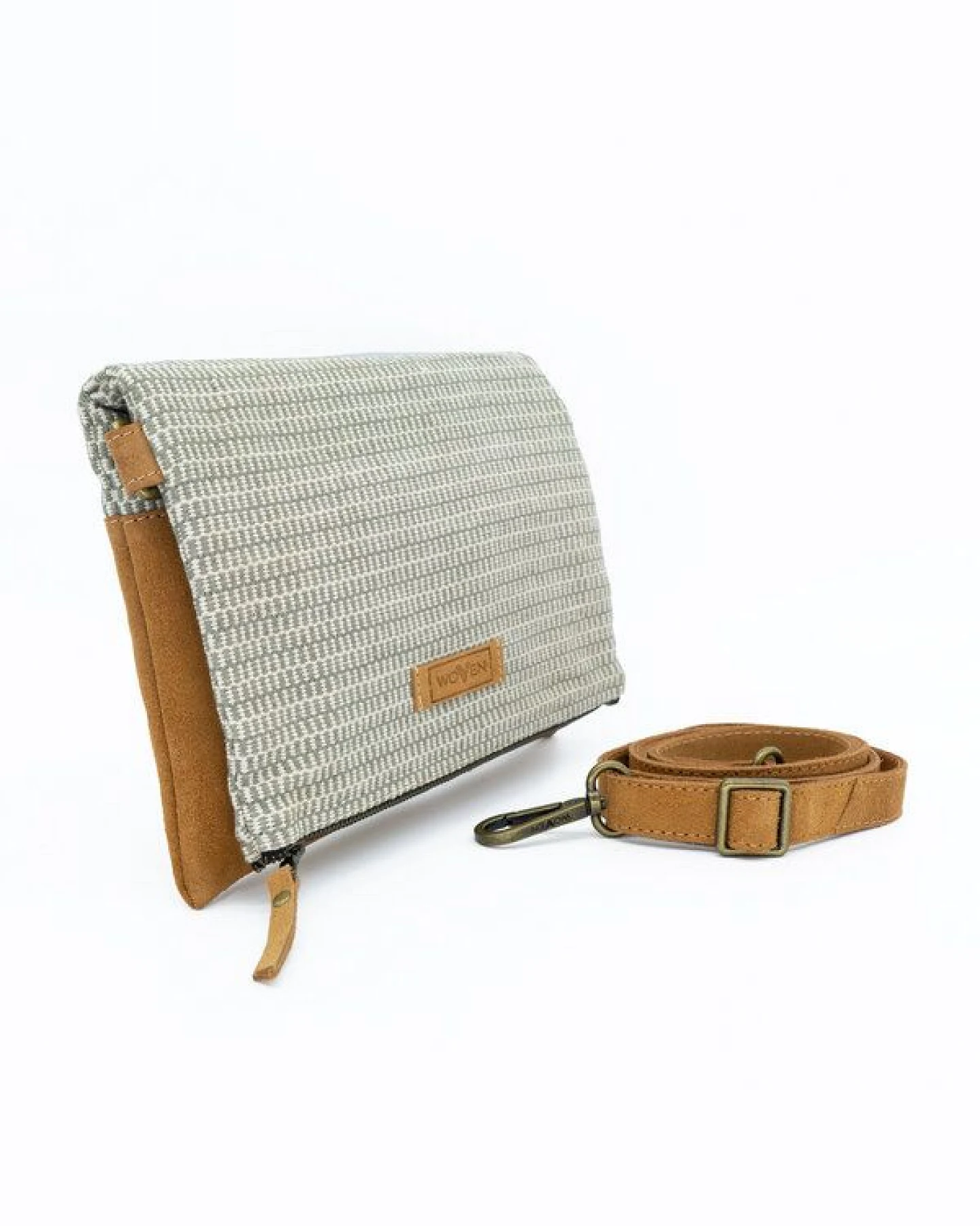Woven Damen Tasche Fold Bag/Umhängetasche Baumwolle & Leder offwhite/grau – Ansicht 2