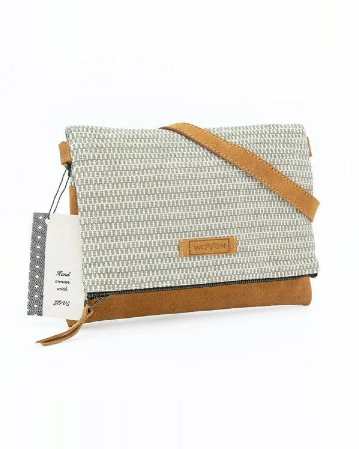 Woven Damen Tasche Fold Bag/Umhängetasche Baumwolle & Leder offwhite/grau