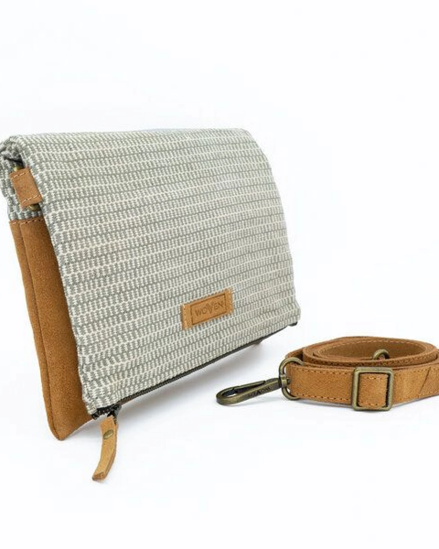 Woven Damen Tasche Fold Bag/Umhängetasche Baumwolle & Leder offwhite/grau – Ansicht 2